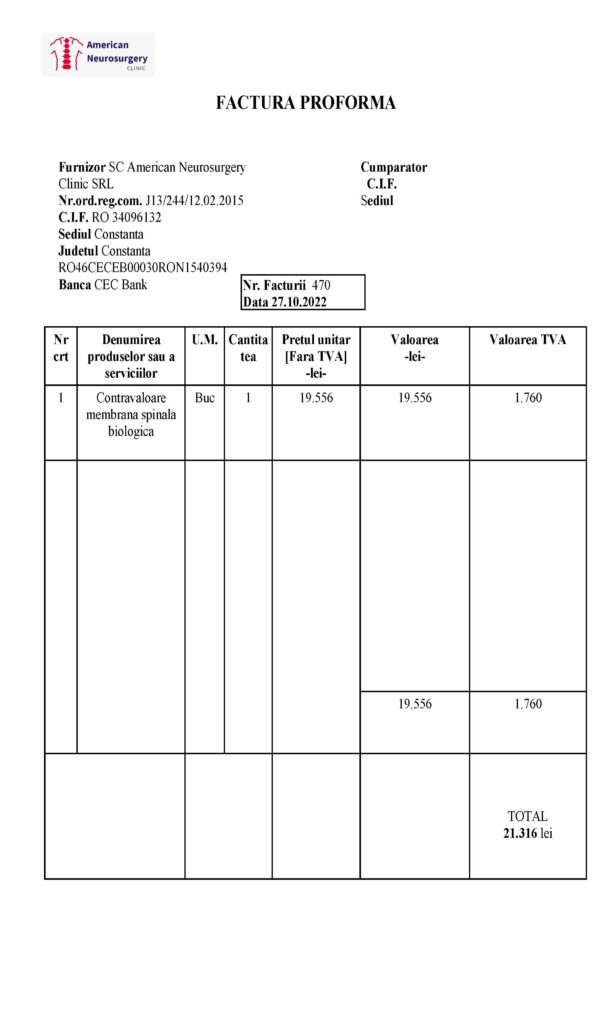 Factura Proforma implant kit membrană spinală biologică pentru operație hernie de disc American Neurosurgery Clinic SRL