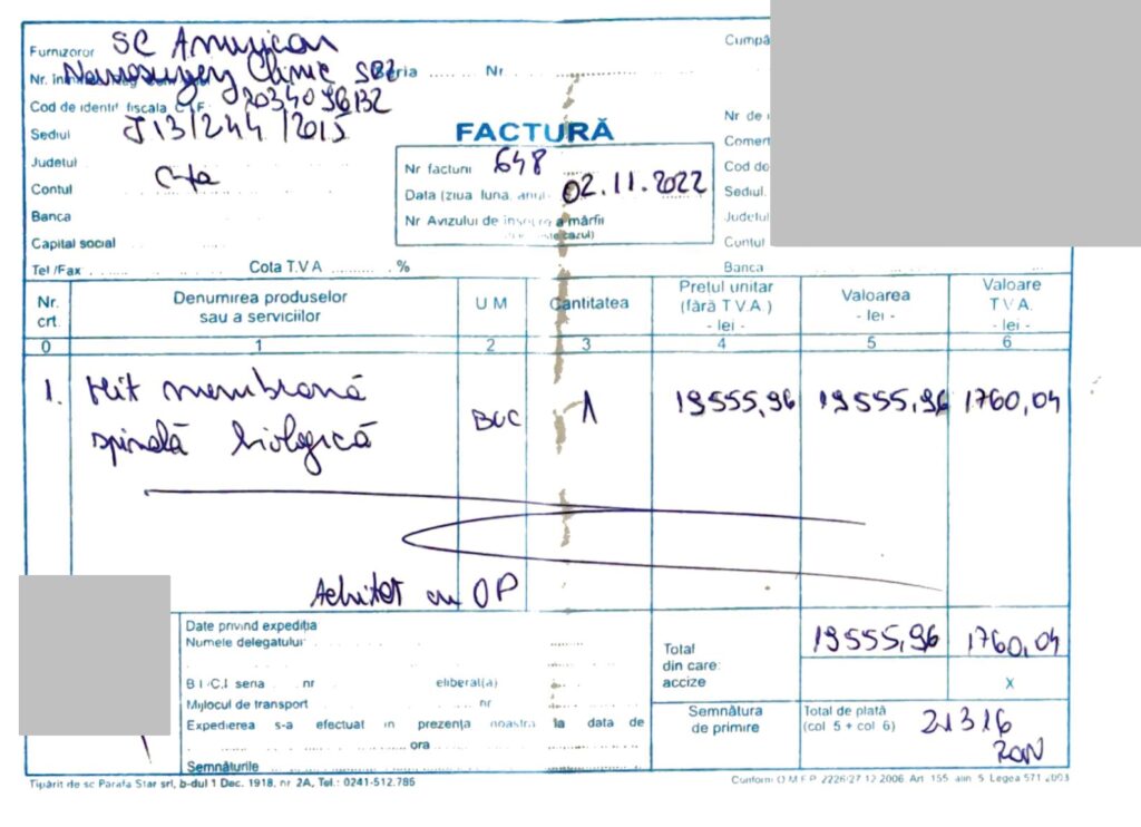 Factura Fiscala implant kit membrană spinală biologică pentru operație hernie de disc American Neurosurgery Clinic SRL