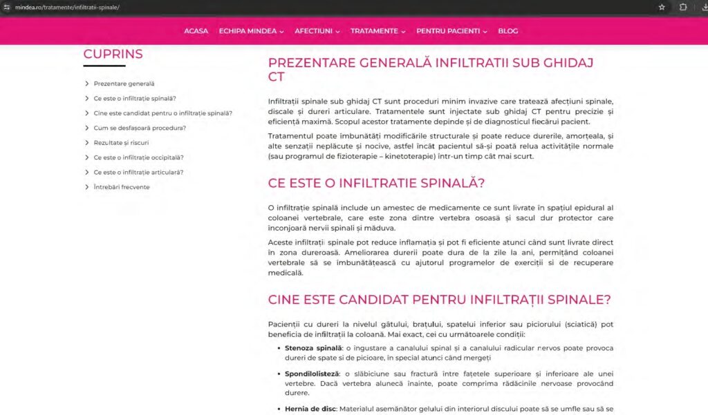Captura ecran site Stefan Mindea cu prezentare infiltrații spinale sub ghidaj computer tomograf