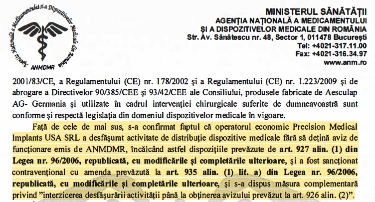 ANMDMR Sanctiune cu Interzicerea desfasurarii activitatii Precision Medical Implants SRL