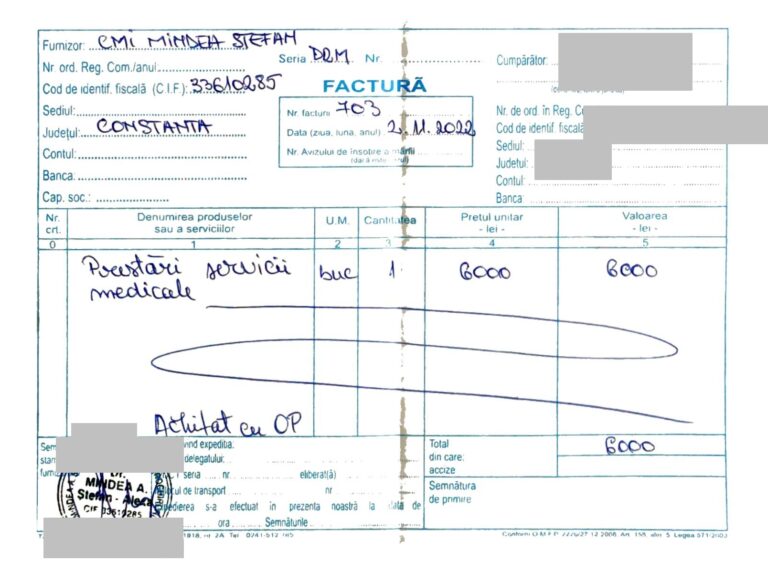 Factură Fiscală pentru operație hernie de disc Cabinet Medical Individual Mindea Ștefan-Alexa