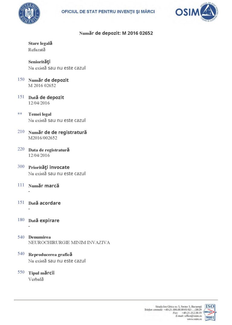 Ștefan Mindea păreri - Recenzie infiltrații lombare, operație hernie de disc cu implant 31 Oficiul de Stat pentru Invenții și Mărci Refuz Înregistrare Marcă Neurochirurgie Minim Invaziva Pagina 1