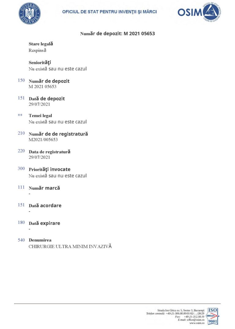 Ștefan Mindea păreri - Recenzie infiltrații lombare, operație hernie de disc cu implant 27 Oficiul de Stat pentru Invenții și Mărci Respingere Înregistrare Marcă Chirurgie Ultra Minim Invaziva Pagina 1