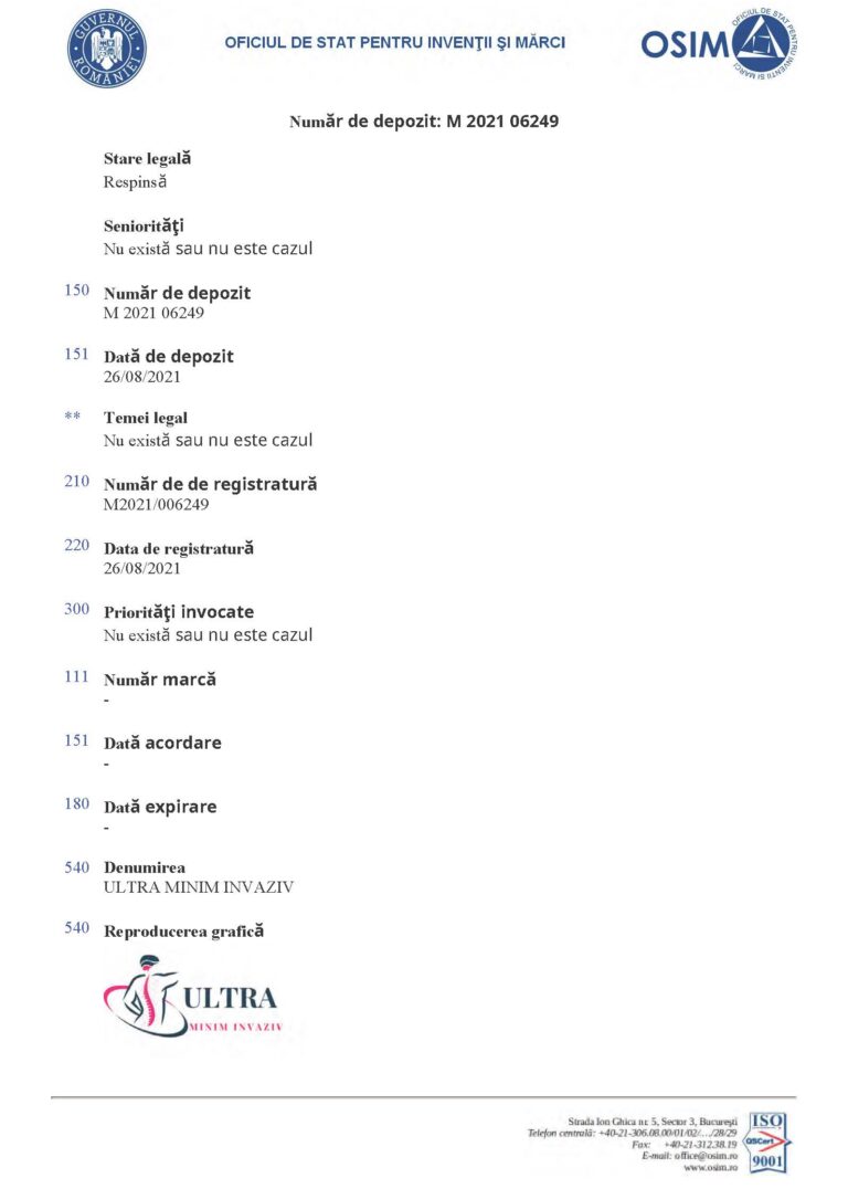 Ștefan Mindea păreri - Recenzie infiltrații lombare, operație hernie de disc cu implant 29 Oficiul de Stat pentru Invenții și Mărci Respingere Înregistrare Marcă ULTRA MINIM INVAZIV Pagina 1