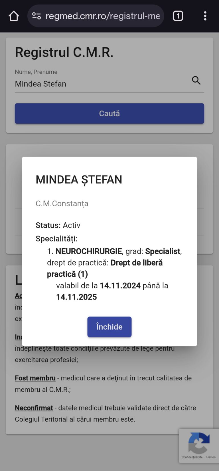 Registrul CMR Stefan Mindea Medic Specialist Neurochirurgie